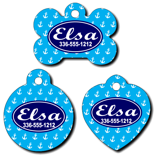 Personalized Blue Anchor Background Pet Tag for Dogs and Cats