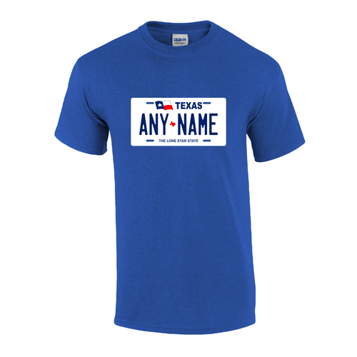 Personalized Texas License Plate T-shirt Adult and Youth Sizes Version 1